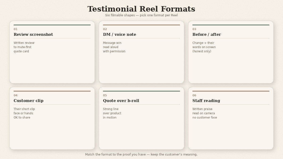 Six Testimonial Reel Formats: screenshot, DM, before/after, customer clip, quote b-roll, staff reading