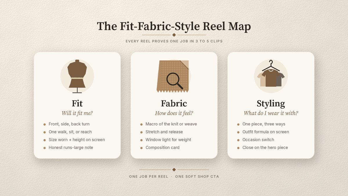 Fit-Fabric-Style Reel Map: three cards for Fit, Fabric, and Styling with shot cues