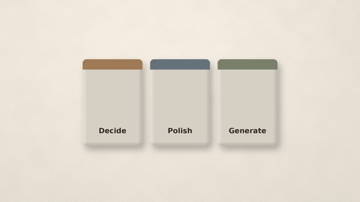 Three-layer free stack cards: decide, polish, optional generate