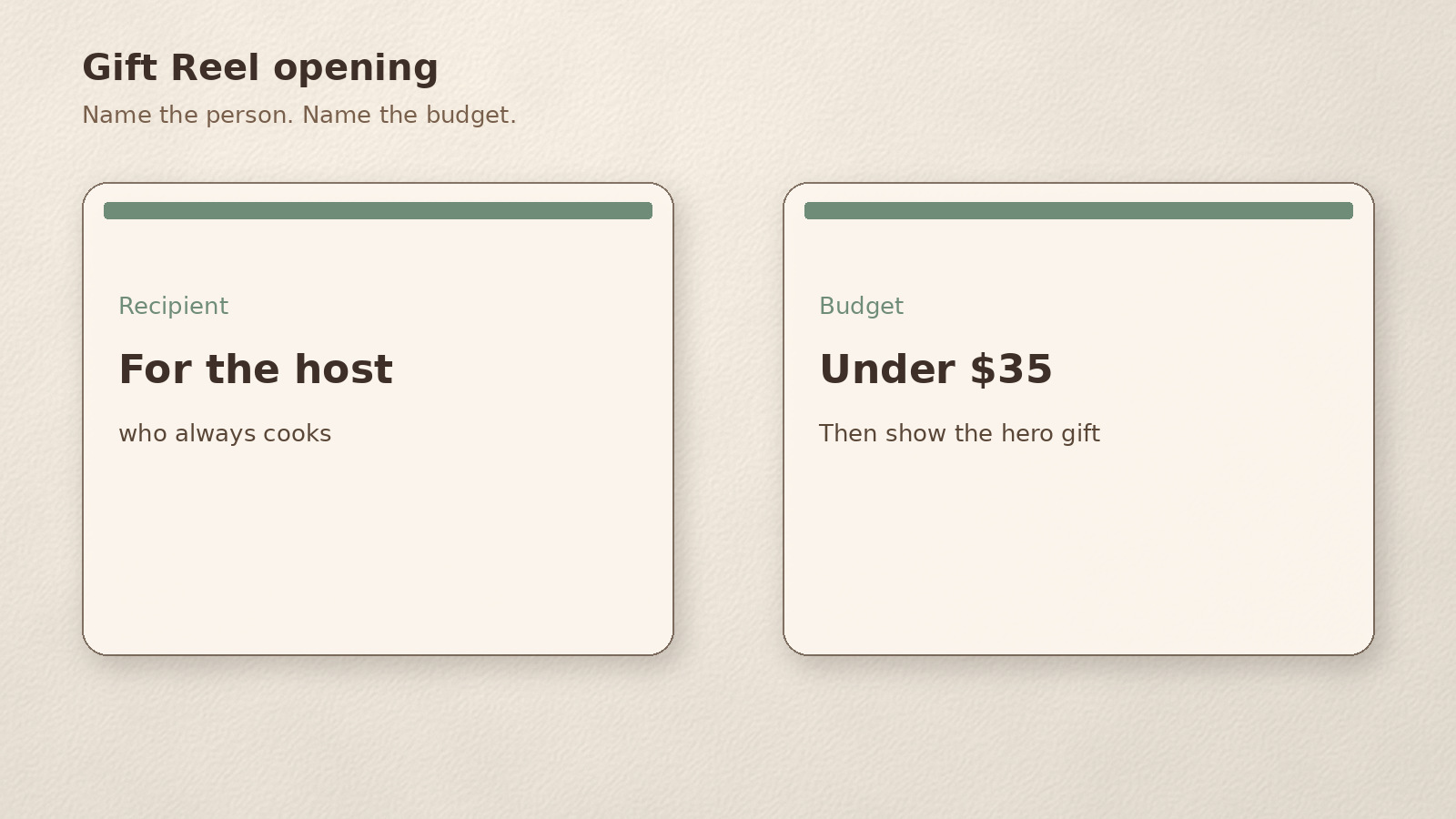 Gift Reel opening: recipient name, budget band, hero product in frame