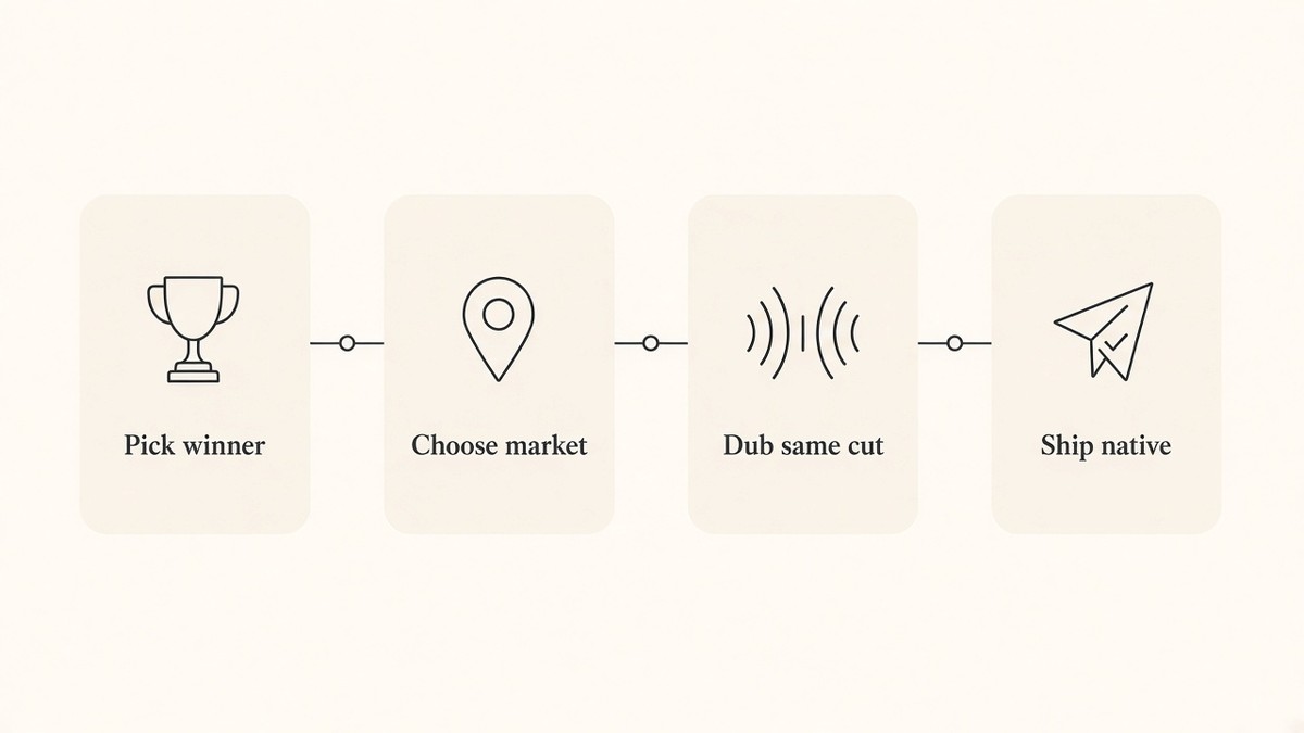 One-Cut Market Dub flow: pick winner, choose market, dub same cut, ship native.