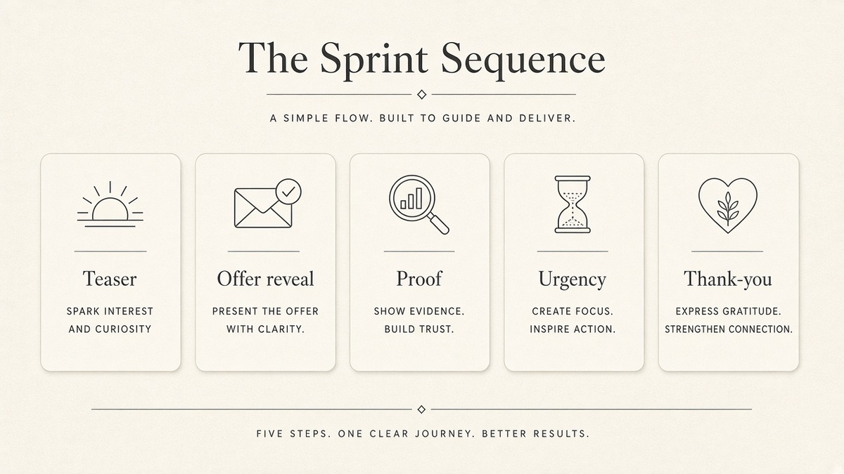 Five Holiday Reel Sprint cards: Teaser, Offer reveal, Proof, Urgency, Thank-you