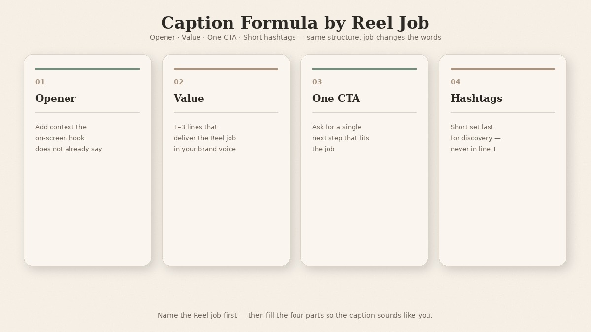 Caption Formula by Reel Job: Opener, Value, One CTA, and short Hashtags