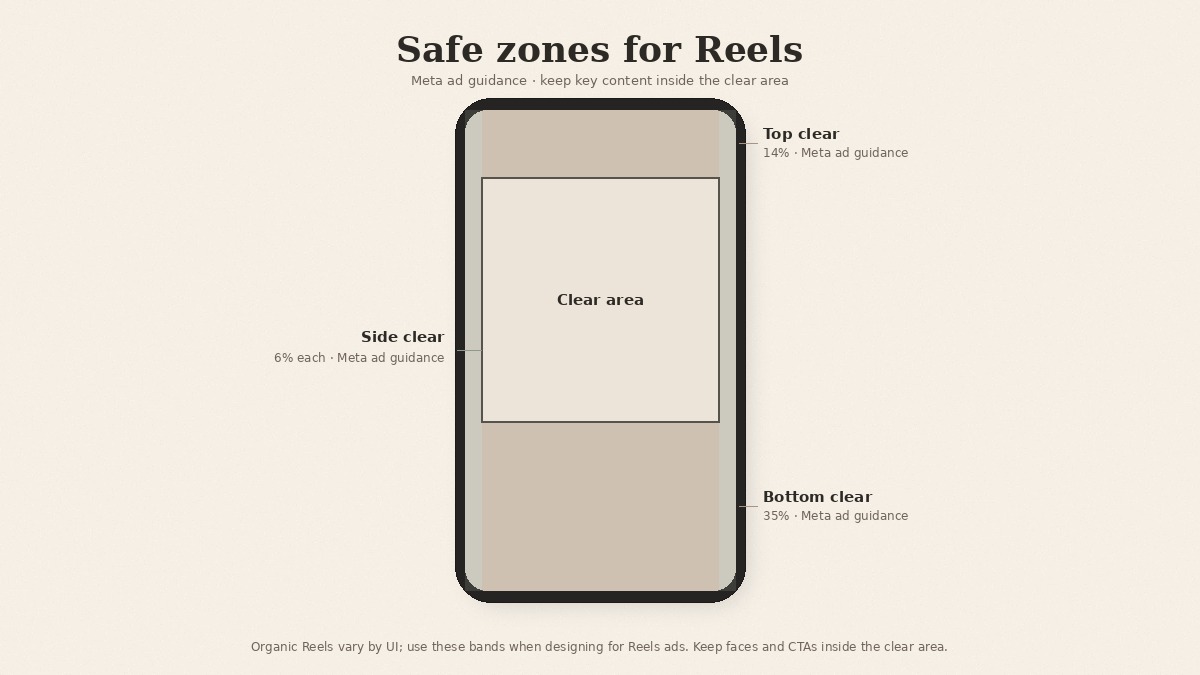 9:16 Reels safe-zone diagram: 14% top, 35% bottom, 6% sides (Meta ad guidance)