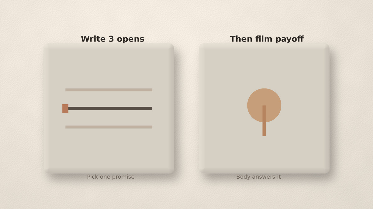 Write three opener candidates first, then film the body as the payoff