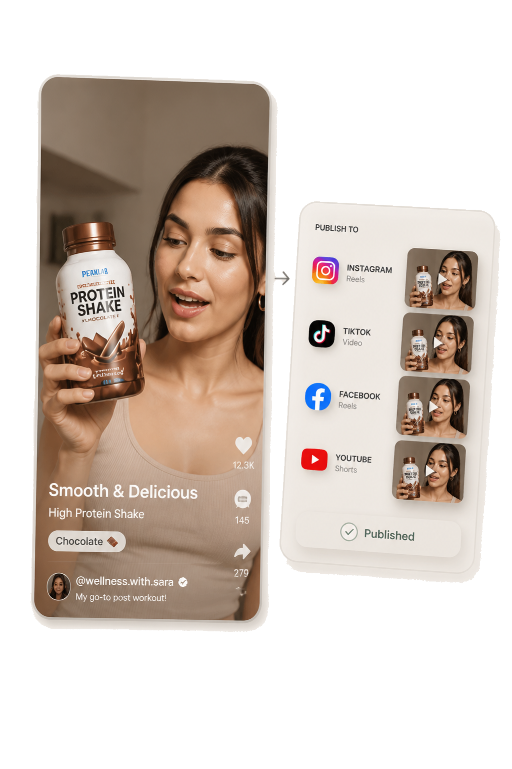 beREEL publish flow posting one Reel to Instagram, TikTok, Facebook, and YouTube Shorts