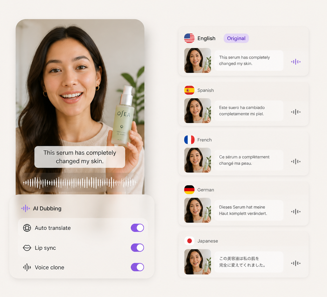 beREEL video dubbing studio with language translation, lip sync, and voice clone controls